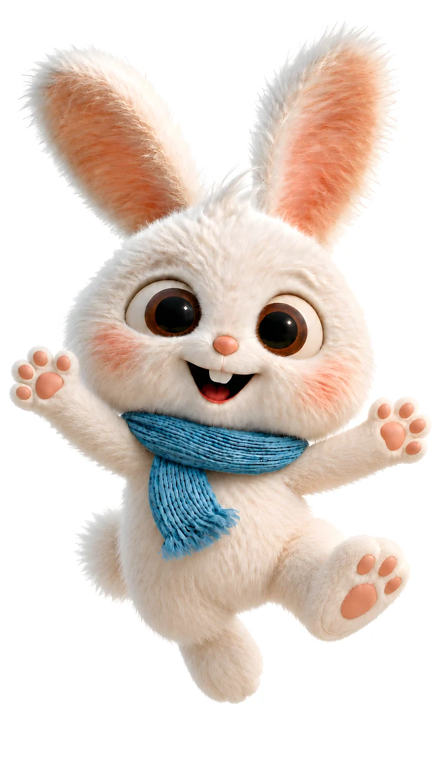Arnoob, a joyful white baby rabbit jumping with open paws and a blue knitted scarf