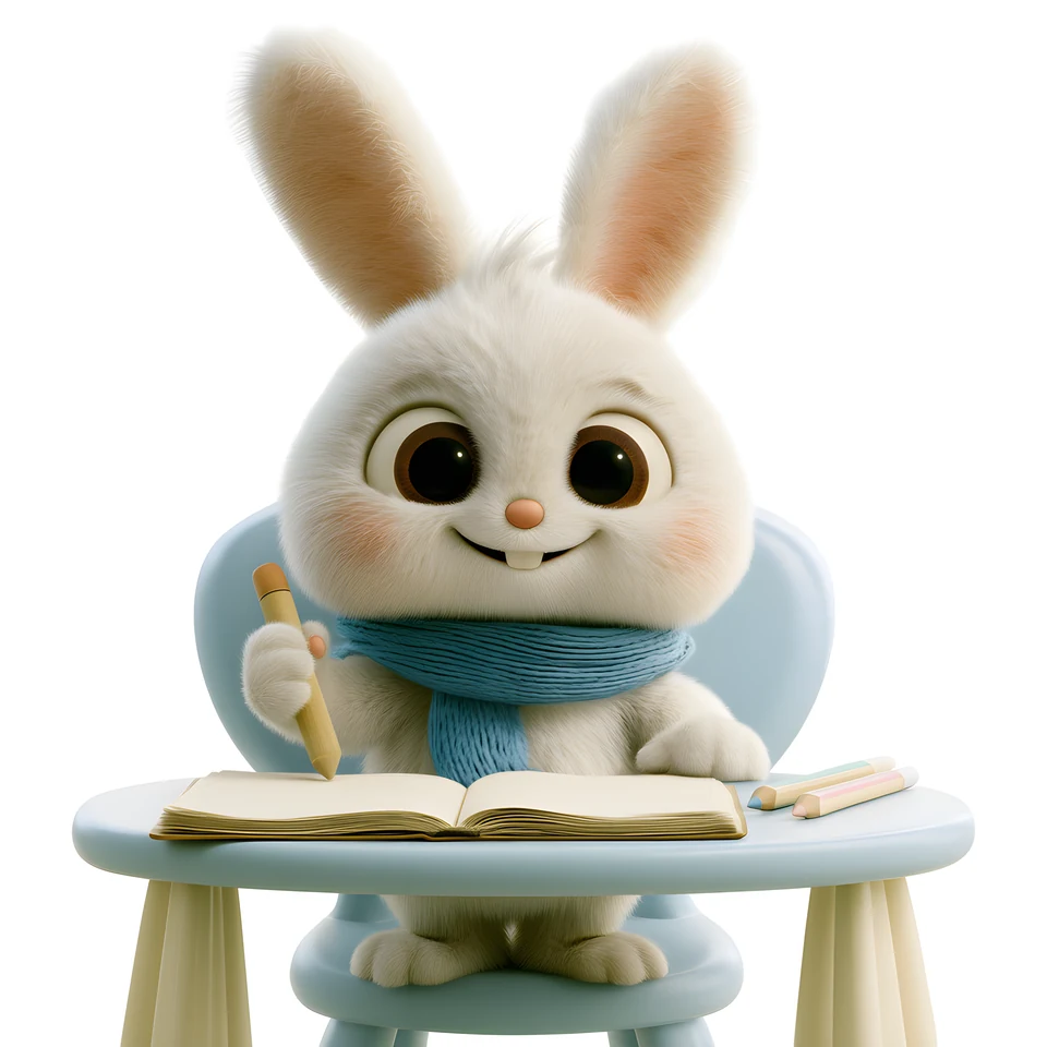 Arnoob at a small blue desk with an open workbook and pencils